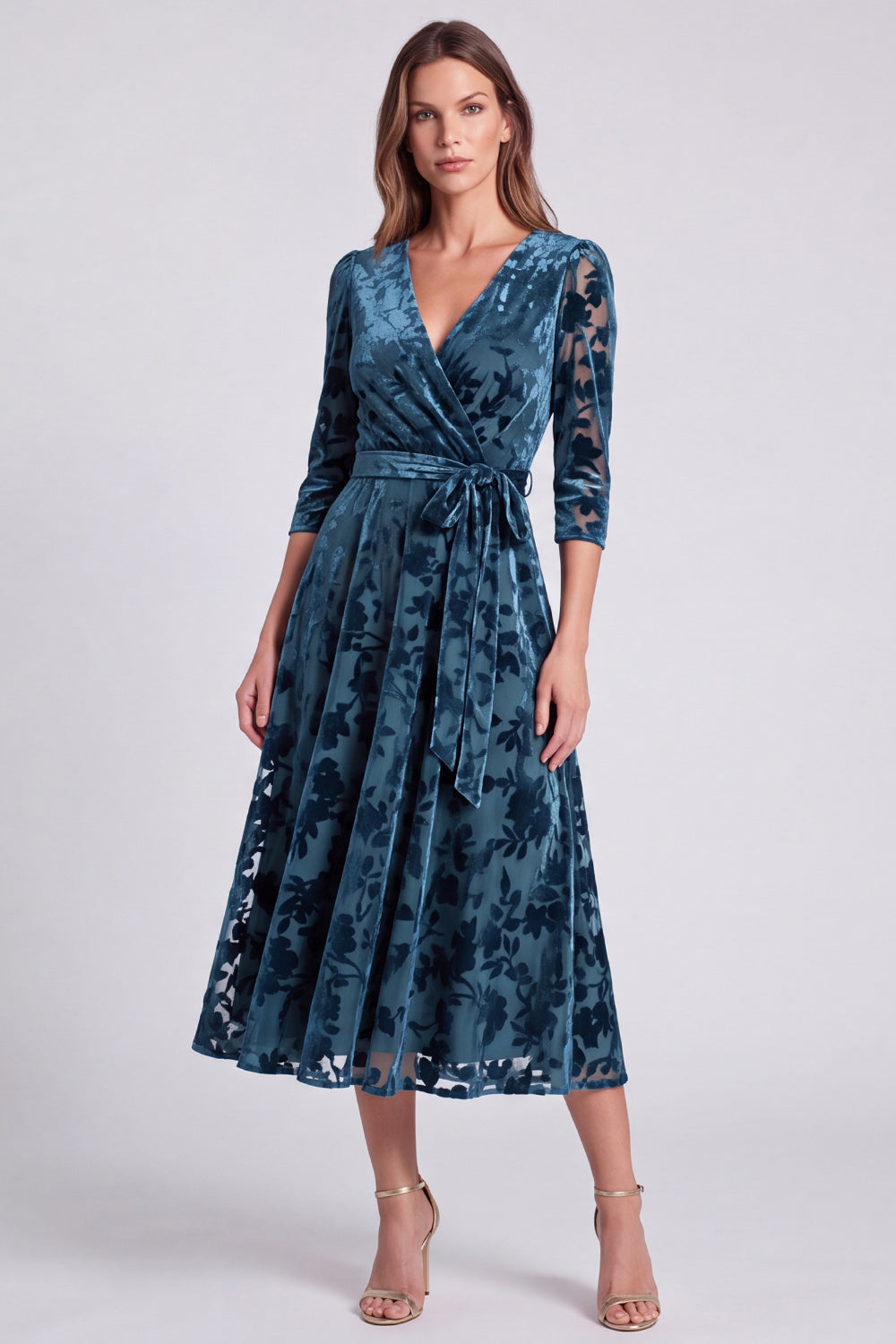 Olive Floral A Line V-Neck Velvet Midi Formal Dress with Sleeves