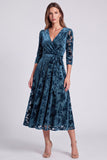 Olive Floral A Line V-Neck Velvet Midi Formal Dress with Sleeves