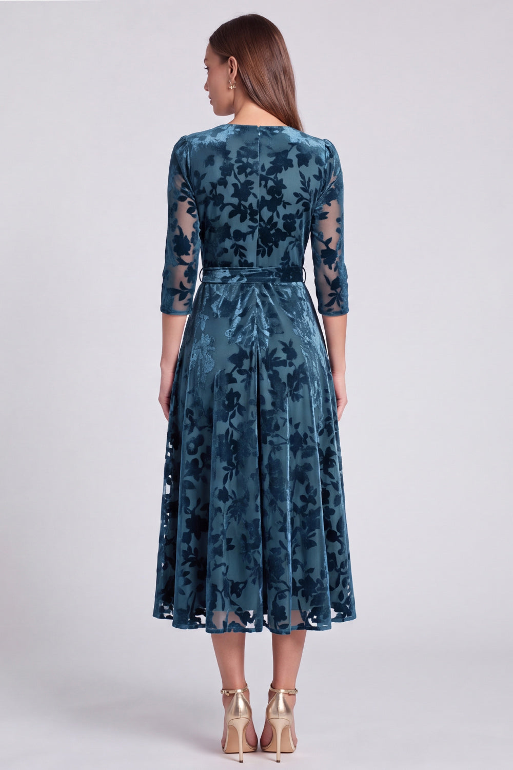 Olive Floral A Line V-Neck Velvet Midi Formal Dress with Sleeves