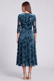 Olive Floral A Line V-Neck Velvet Midi Formal Dress with Sleeves