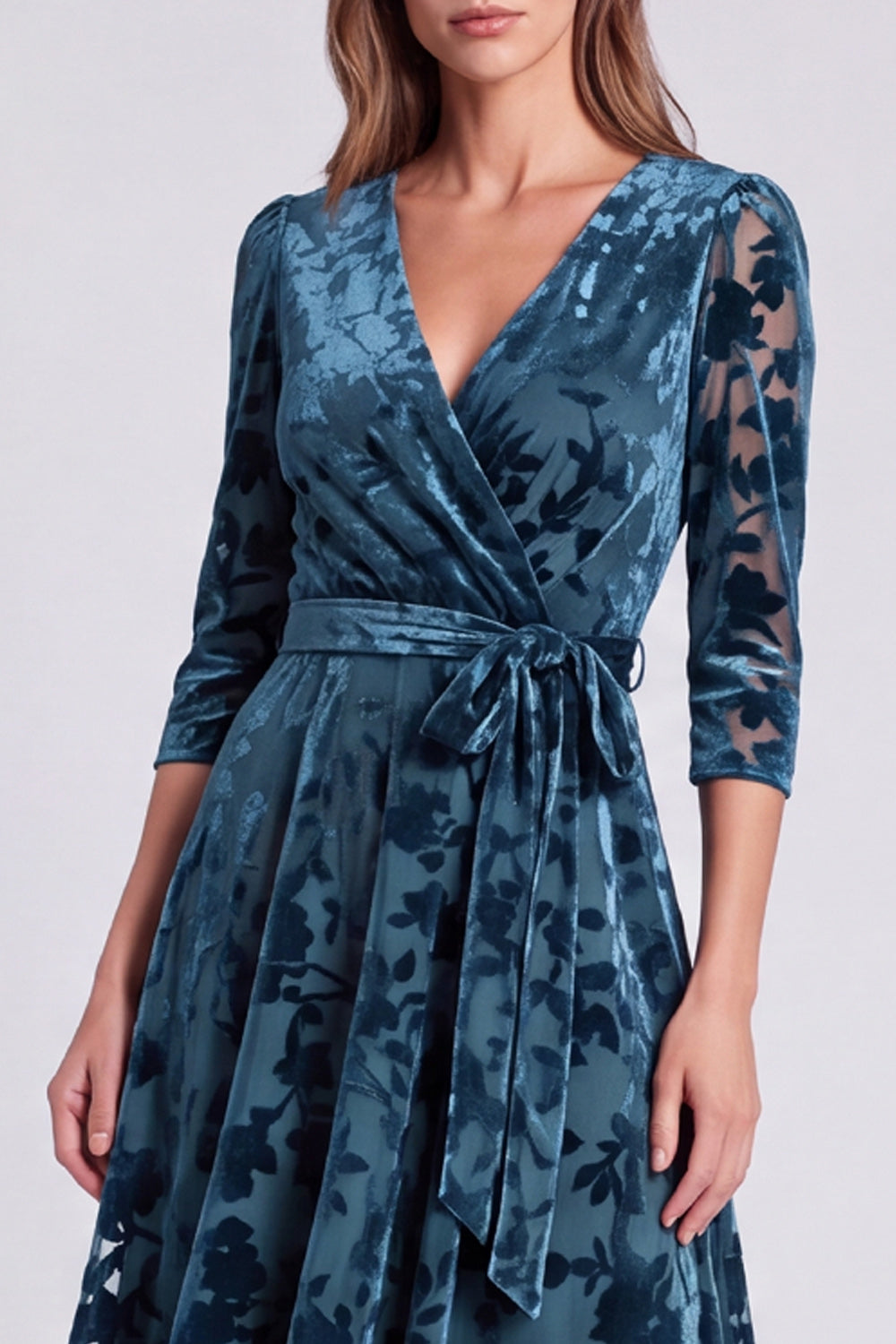 Olive Floral A Line V-Neck Velvet Midi Formal Dress with Sleeves