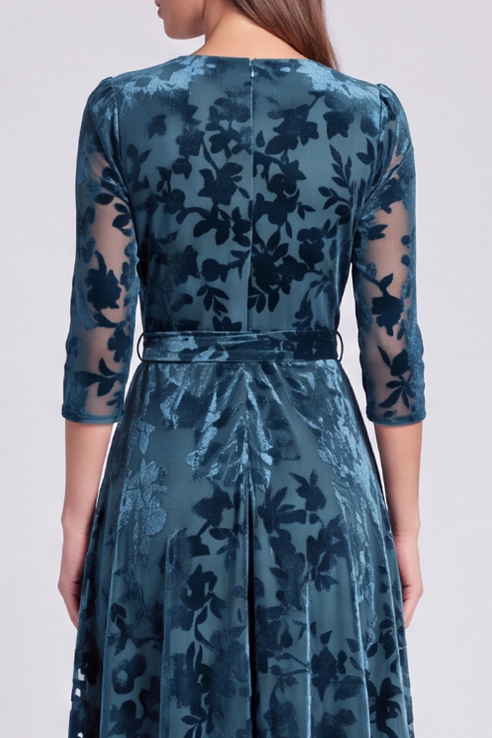 Olive Floral A Line V-Neck Velvet Midi Formal Dress with Sleeves