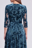 Olive Floral A Line V-Neck Velvet Midi Formal Dress with Sleeves