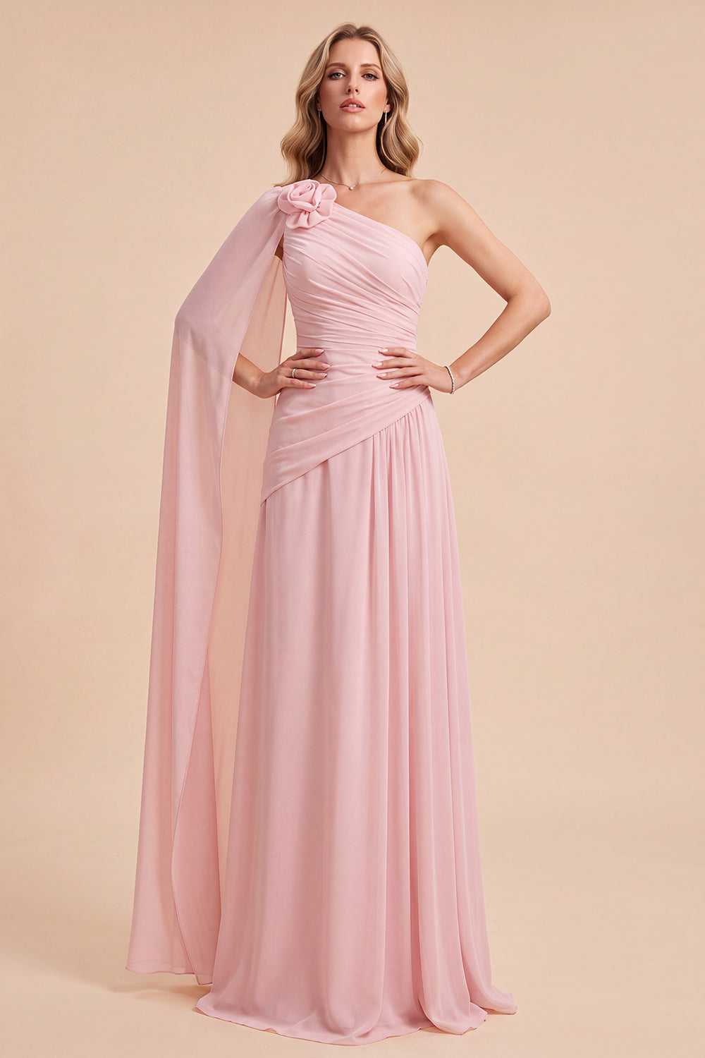Zapakasa Women Light Pink A Line Floral Long Beach Wedding Guest Dress with Side Cape Chiffon One Shoulder Ruched Formal Dress