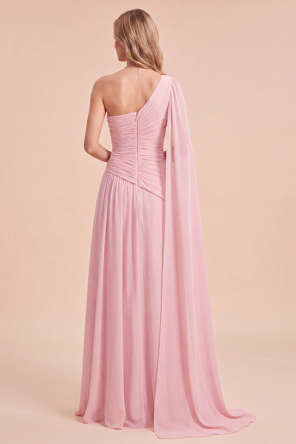 Floral A Line Light Pink Chiffon Long Beach Wedding Guest Dress with Side Cape