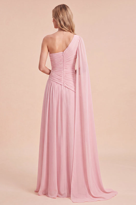 Floral A Line Light Pink Chiffon Long Beach Wedding Guest Dress with Side Cape