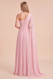 Floral A Line Light Pink Chiffon Long Beach Wedding Guest Dress with Side Cape