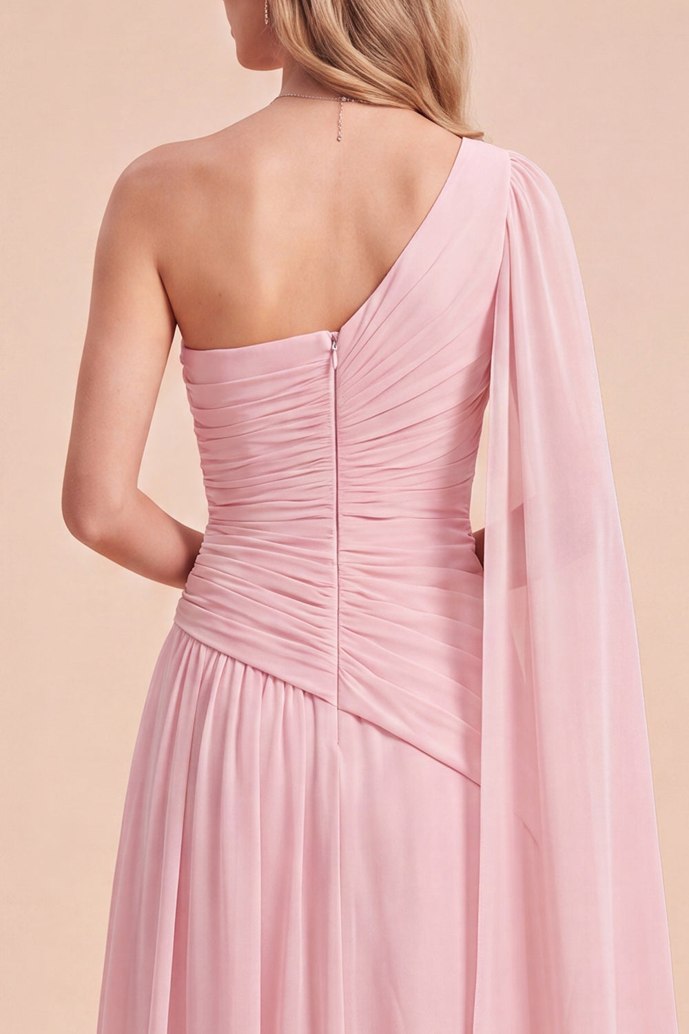 Floral A Line Light Pink Chiffon Long Beach Wedding Guest Dress with Side Cape