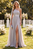 Light Grey A Line One Shoulder Long Beach Wedding Guest Dress with Slit