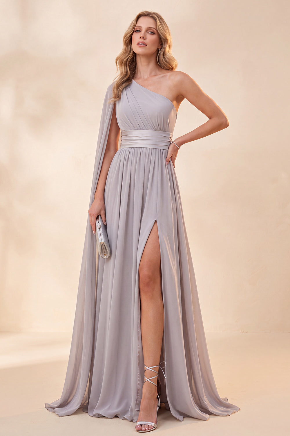 Light Grey A Line One Shoulder Long Beach Wedding Guest Dress with Slit