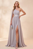 Light Grey A Line One Shoulder Long Beach Wedding Guest Dress with Slit
