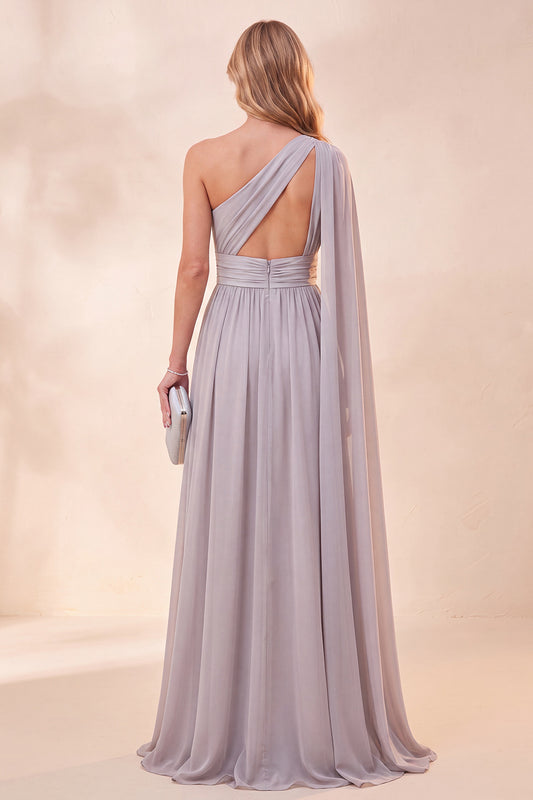 Light Grey A Line One Shoulder Long Beach Wedding Guest Dress with Slit