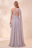 Light Grey A Line One Shoulder Long Beach Wedding Guest Dress with Slit