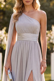 Light Grey A Line One Shoulder Long Beach Wedding Guest Dress with Slit