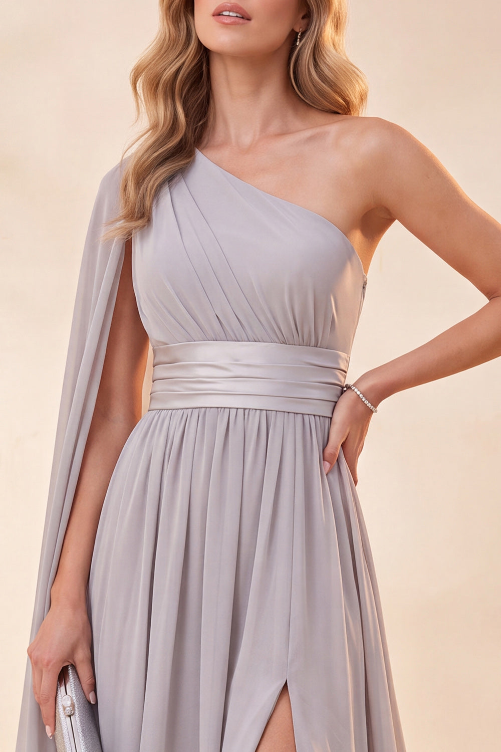 Light Grey A Line One Shoulder Long Beach Wedding Guest Dress with Slit