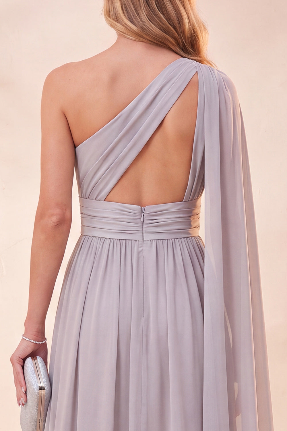 Light Grey A Line One Shoulder Long Beach Wedding Guest Dress with Slit
