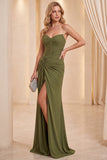 Olive Mermaid Strapless Ruched Long Wedding Guest Dress with Slit