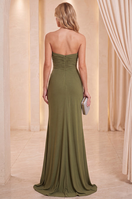 Olive Mermaid Strapless Ruched Long Wedding Guest Dress with Slit