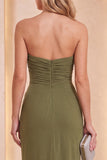 Olive Mermaid Strapless Ruched Long Wedding Guest Dress with Slit