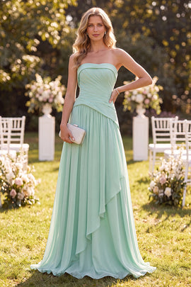 Mint Green A Line Strapless Ruffled Long Beach Wedding Guest Dress