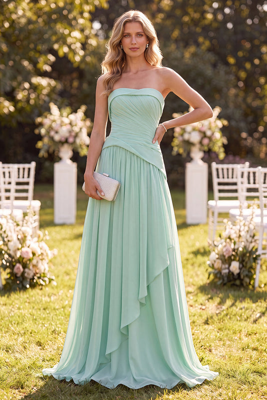 Mint Green A Line Strapless Ruffled Long Beach Wedding Guest Dress