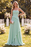 Mint Green A Line Strapless Ruffled Long Beach Wedding Guest Dress