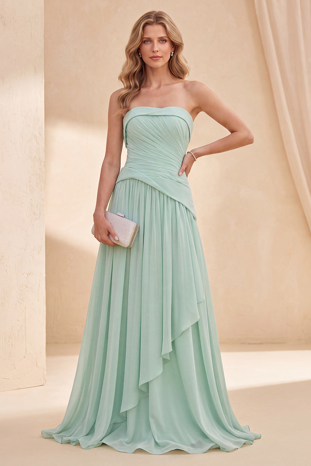 Mint Green A Line Strapless Ruffled Long Beach Wedding Guest Dress