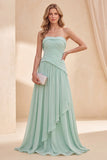 Mint Green A Line Strapless Ruffled Long Beach Wedding Guest Dress