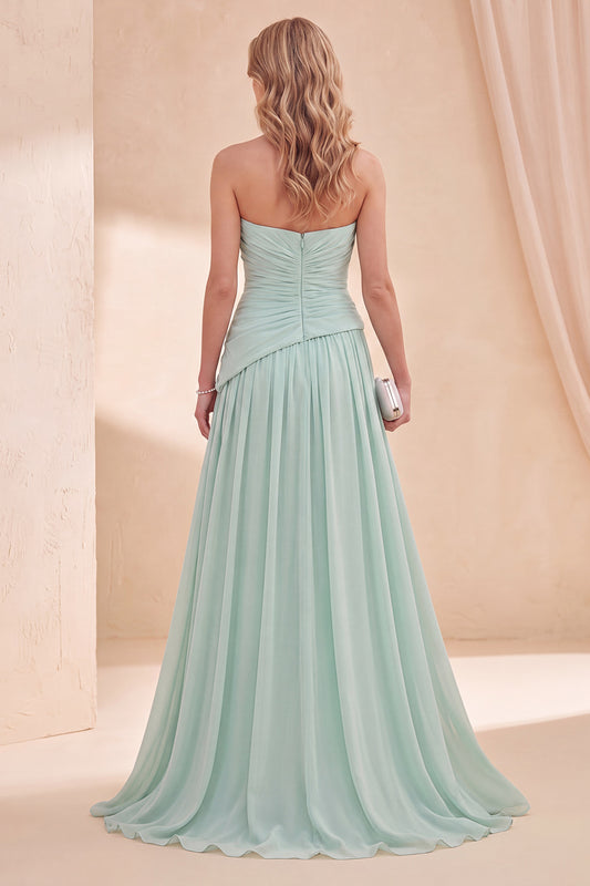 Mint Green A Line Strapless Ruffled Long Beach Wedding Guest Dress