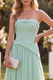 Mint Green A Line Strapless Ruffled Long Beach Wedding Guest Dress