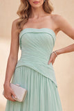 Mint Green A Line Strapless Ruffled Long Beach Wedding Guest Dress