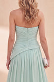 Mint Green A Line Strapless Ruffled Long Beach Wedding Guest Dress