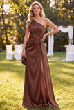 Chocolates One Shoulder Satin Ruched Long Wedding Guest Dress with Slit