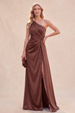 Chocolates One Shoulder Satin Ruched Long Wedding Guest Dress with Slit