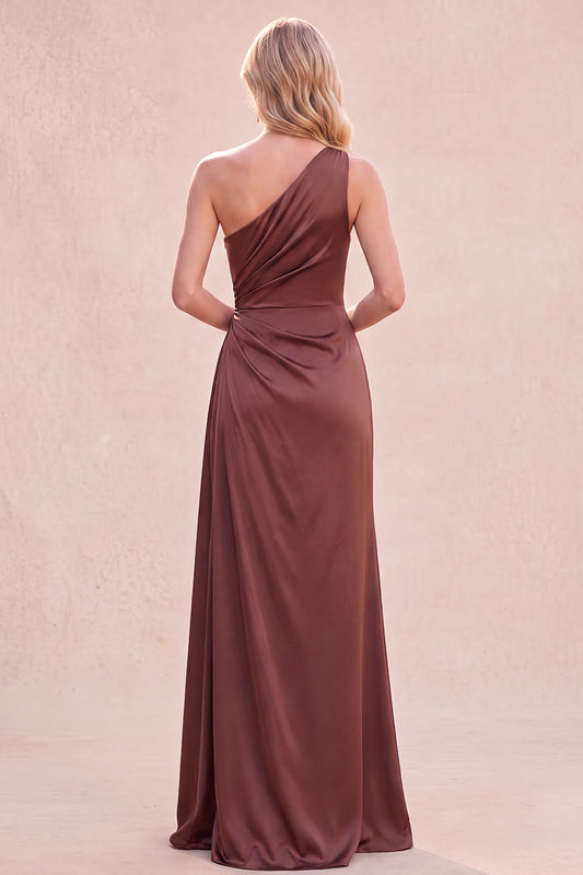 Chocolates One Shoulder Satin Ruched Long Wedding Guest Dress with Slit