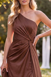 Chocolates One Shoulder Satin Ruched Long Wedding Guest Dress with Slit