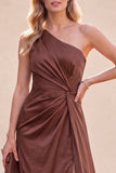 Chocolates One Shoulder Satin Ruched Long Wedding Guest Dress with Slit