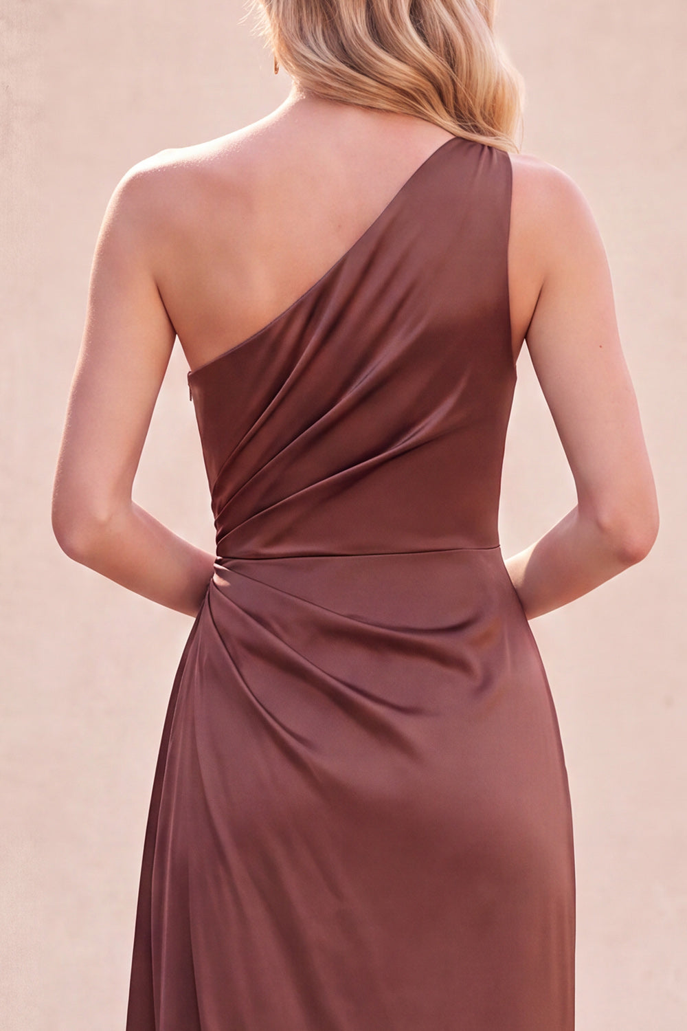 Chocolates One Shoulder Satin Ruched Long Wedding Guest Dress with Slit