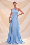 Sky Blue A Line Satin Simple One Shoulder Long Wedding Guest Dress