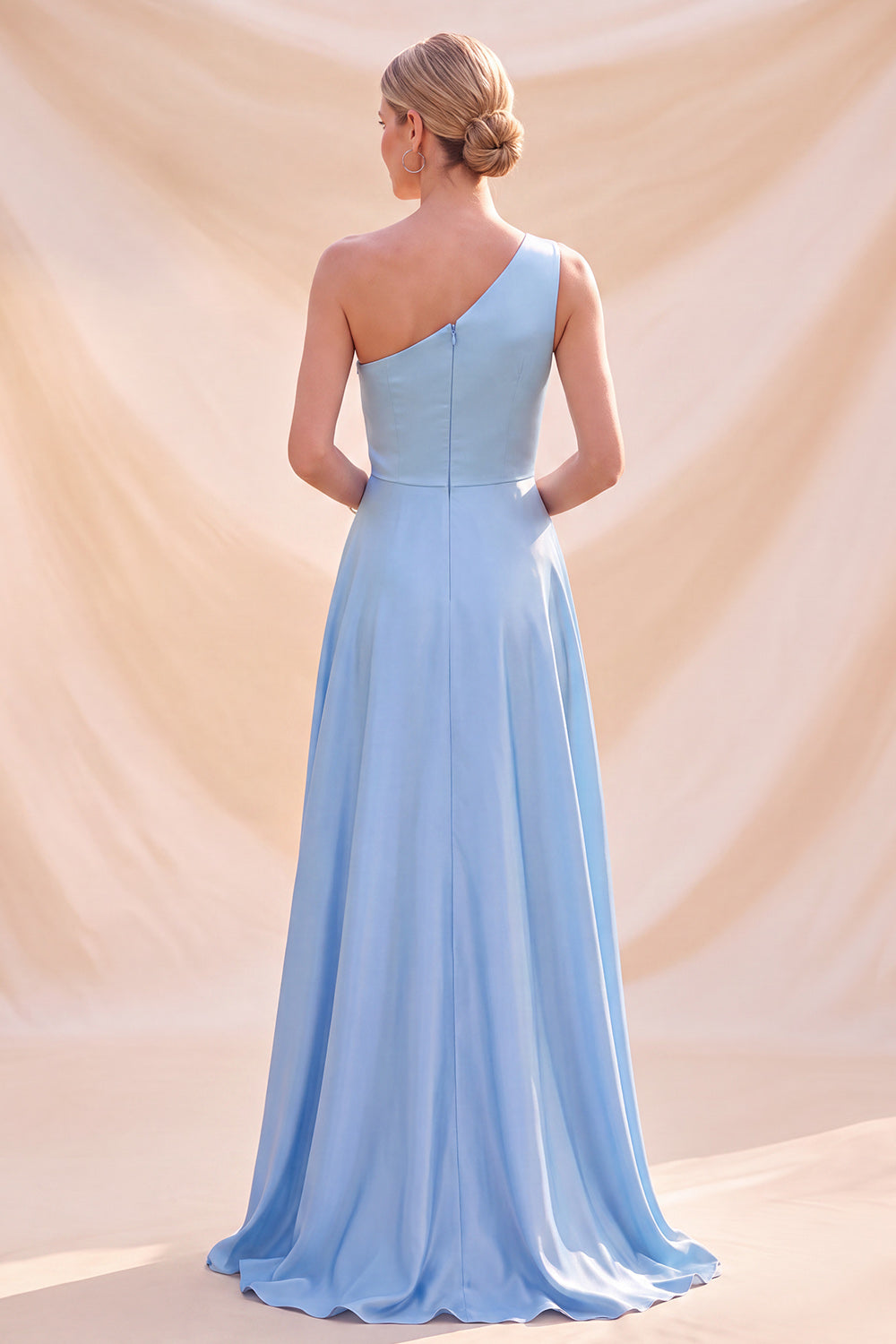Sky Blue A Line Satin Simple One Shoulder Long Wedding Guest Dress