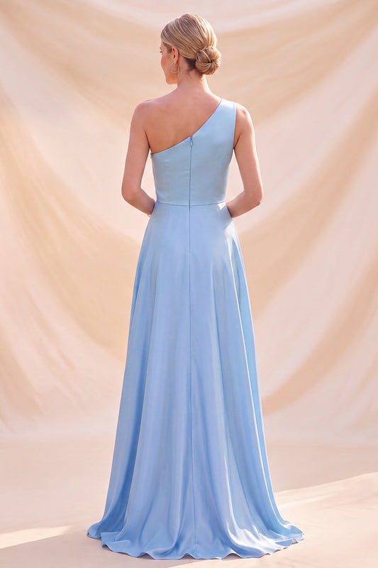 Sky Blue A Line Satin Simple One Shoulder Long Wedding Guest Dress