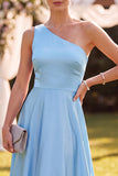 Sky Blue A Line Satin Simple One Shoulder Long Wedding Guest Dress