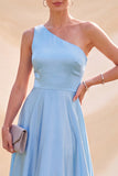 Sky Blue A Line Satin Simple One Shoulder Long Wedding Guest Dress