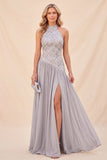 Light Grey Halter Chiffon Sequin Long Beach Wedding Guest Dress with Slit