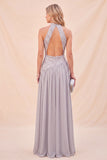 Light Grey Halter Chiffon Sequin Long Beach Wedding Guest Dress with Slit