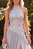 Light Grey Halter Chiffon Sequin Long Beach Wedding Guest Dress with Slit