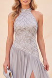 Light Grey Halter Chiffon Sequin Long Beach Wedding Guest Dress with Slit