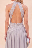 Light Grey Halter Chiffon Sequin Long Beach Wedding Guest Dress with Slit