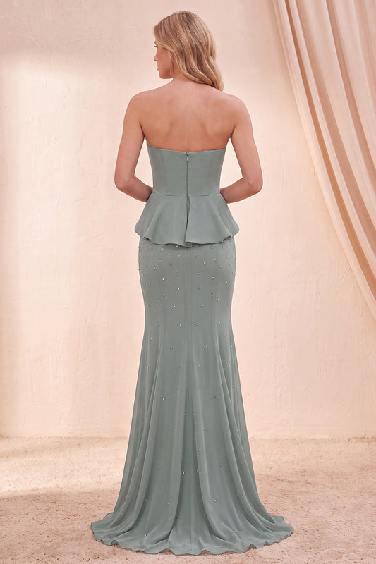 Eucalyptus Beaded Mermaid Strapless Long Wedding Guest Dress