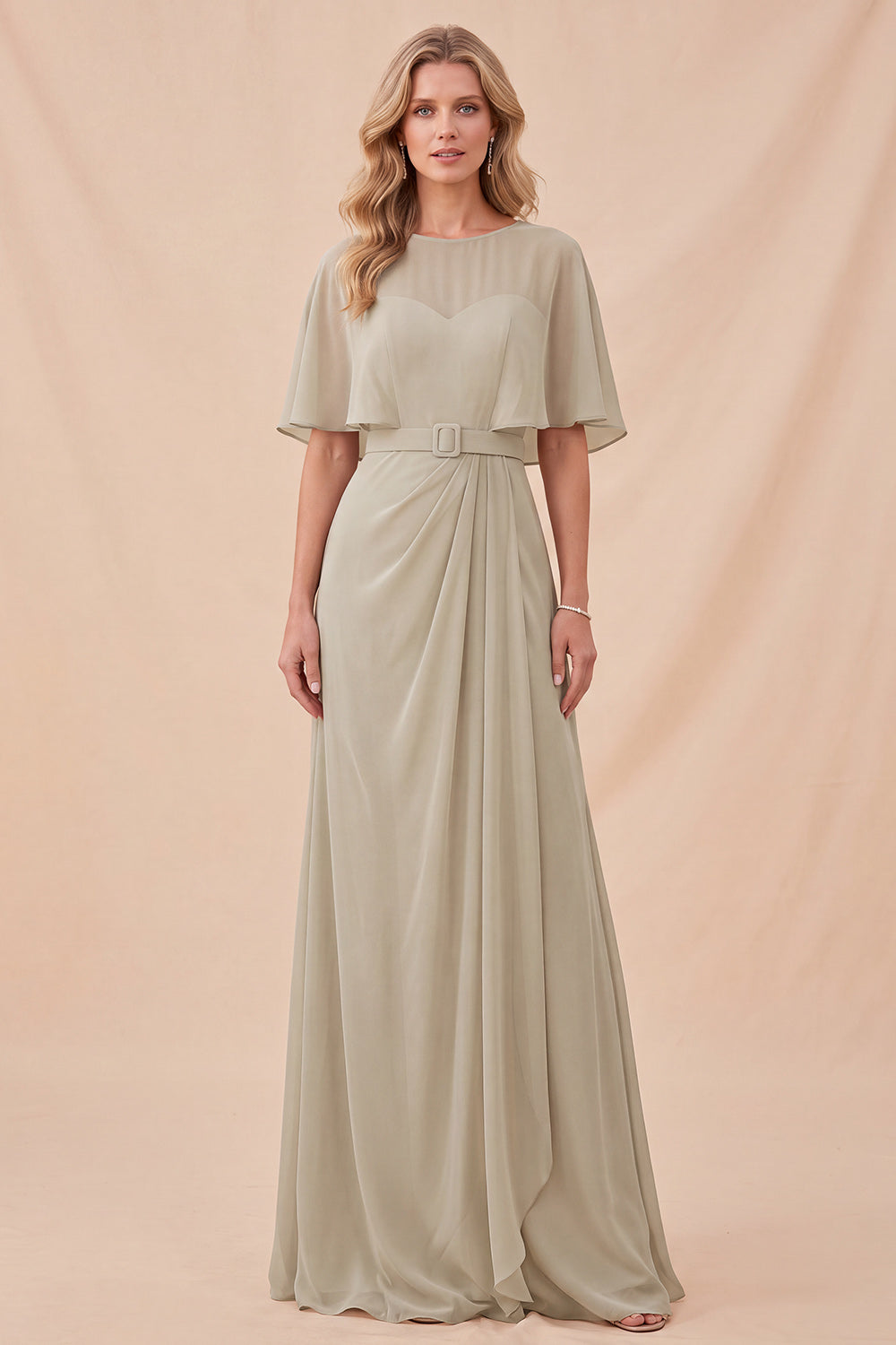 Taupe A Line Chiffon Half Sleeves Long Beach Wedding Guest Dress with Belt